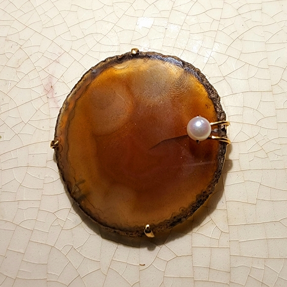 Vintage slice agate semi-precious stone with pearl insets brooch and pendant - Picture 6 of 6